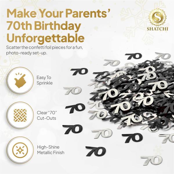 70th Birthday Black and Silver Metallic Confetti Decoration Set for Table Styling image 8