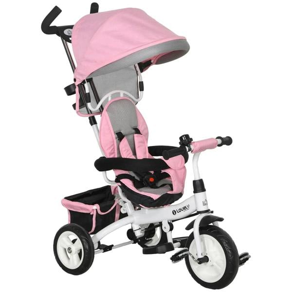 Kids pink push trike with canopy, padded seat and 5-point safety belt
