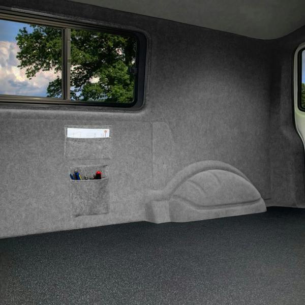 Smoke grey storage pouches with a soft texture, featuring multiple compartments for organization, set against a vehicle interior backdrop