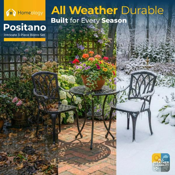 Homeology POSITANO Garden and Patio Table and 2 Large Chairs with Armrests Cast Aluminium Bistro Set - Black