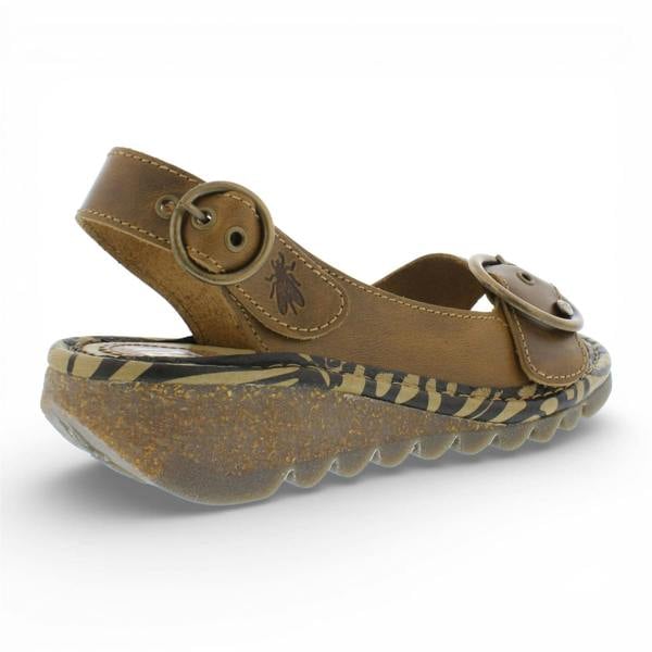 Fly London Women's TRAM723FLY Camel Brown Leather Wedge Sandals