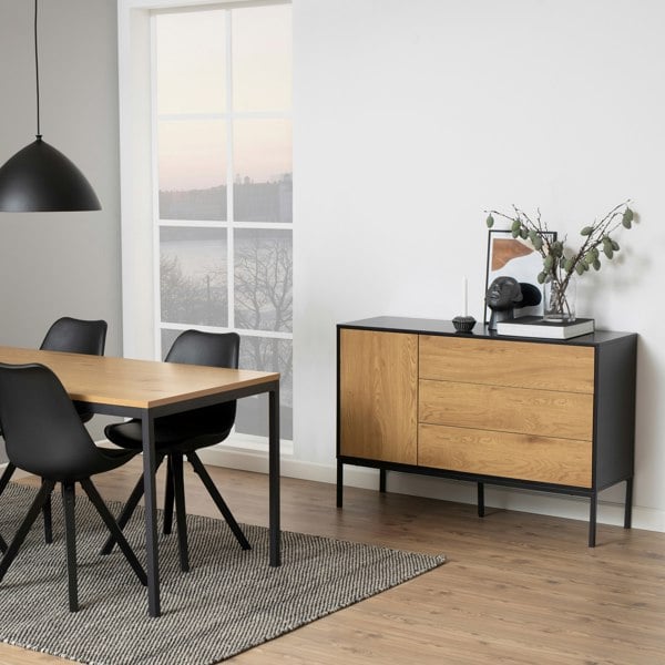 Furniture To Go Seaford 1 Door 3 Drawer Small Sideboard in Black & Oak