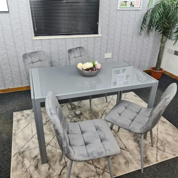 Kosy Koala Modern Rectangle Grey Glass Dining Table Set With 4 Grey Velvet Chairs Dining Room Furniture