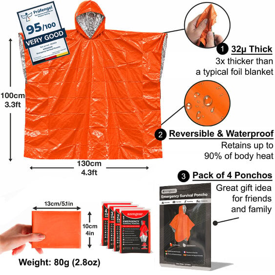 aZengear Reversible Emergency Survival Foil Poncho (4pc)