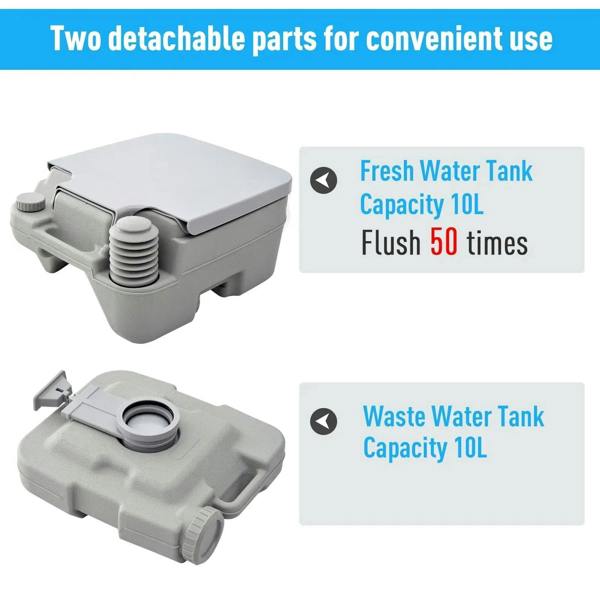 Grey 10L portable toilet with detachable fresh and waste water tanks