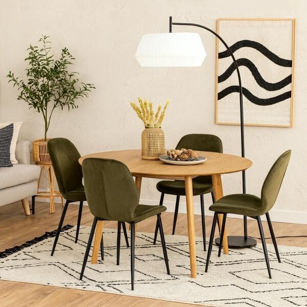 Wyld Haus Debrecen Solid Oak and Olive Green Round Dining Table + 4 Dining Chairs