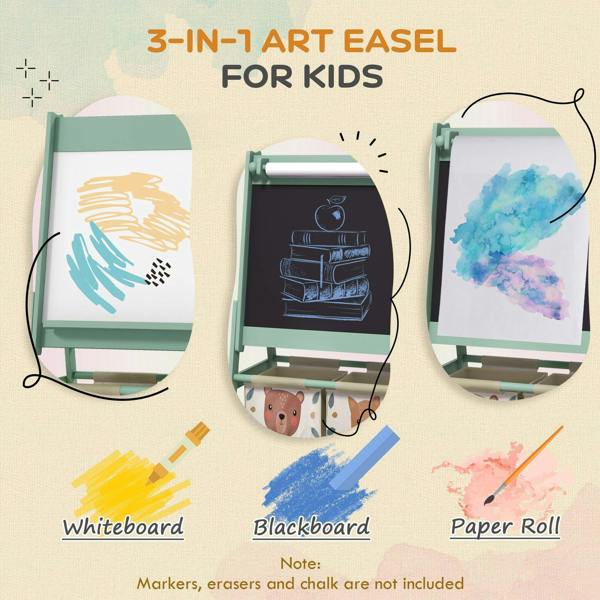 Green 3-in-1 kids art easel with paper roll and board panels for drawing