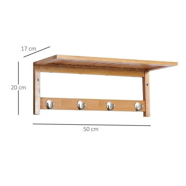 Natural wood wall coat rack with 4 hooks and top shelf, size shown.