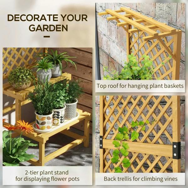 Outdoor wooden plant stand features 2-tier display shelf and back trellis for vines