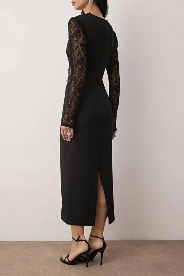 WOVCOR Lace Detailed Woven Finike Midi Unlined Evening Dress