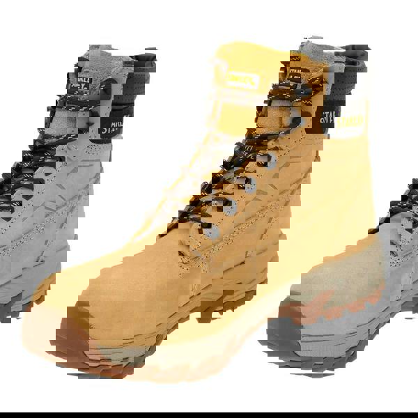 Stanley Tradesman Mens Steel Toe/Midsole Safety Work Boots, tan leather outdoor work boot with black padded collar, yellow Stanley logo, and rugged rubber sole.