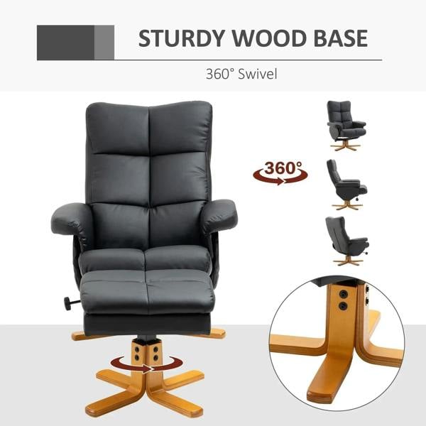 Black PU leather swivel recliner chair on sturdy wooden base for 360° turning