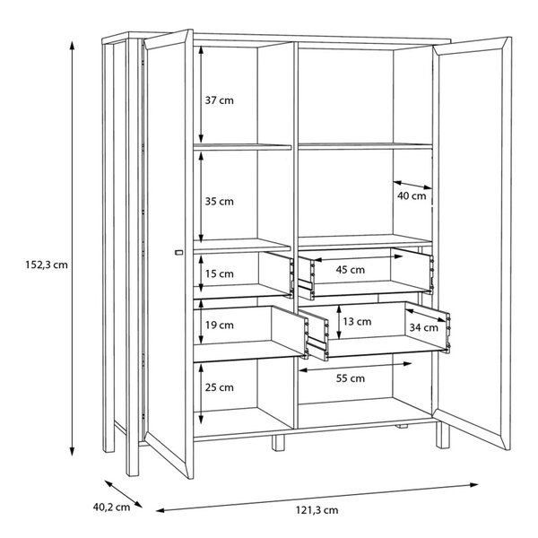 Wyld Haus Egtved Black and Natural Oak Wood Effect Large Wide Display Cabinet 2 Doors 4 Drawers