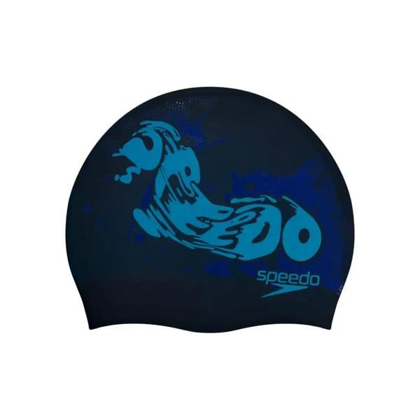 Blue Speedo junior slogan print silicone swim cap with wave design