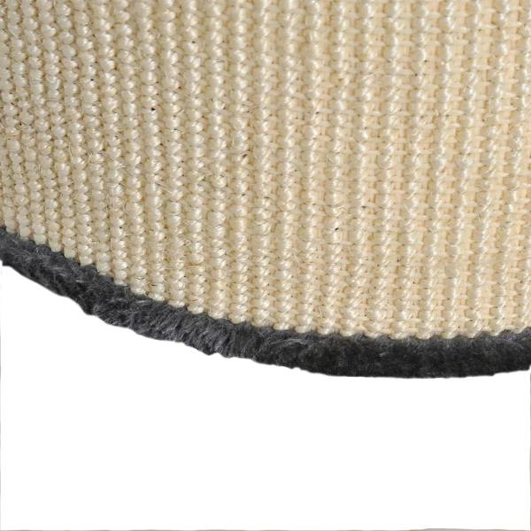 Bottom edge of beige sisal scratching barrel with dark plush trim