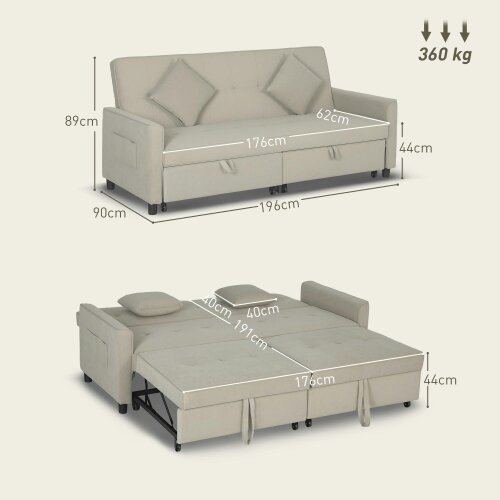 Wyld Haus Yokari Beige Upholstered 3 Seater Convertible Sofa Bed Tufted