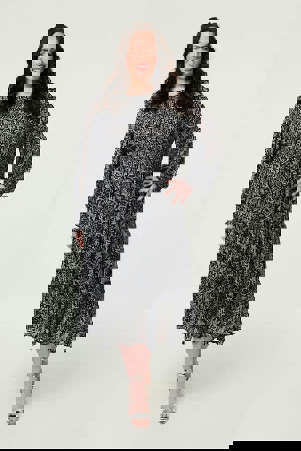 Black | Curve Paisley Long Puff Sleeve Midi Smock Dress