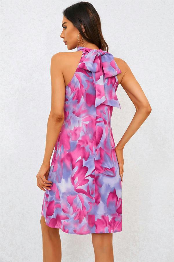 FS Collection Abstract Floral Print Halter Neck Tie Back Mini Dress In Pink