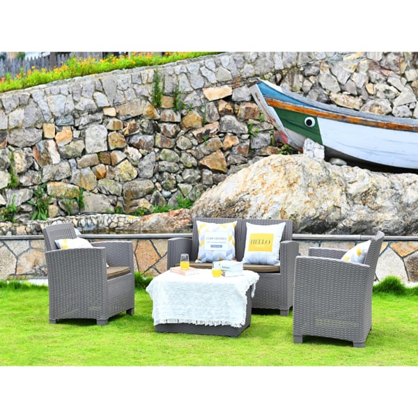Homeology SANTANA 4 Piece PE Rattan 4-Seater with Cushions Garden Furniture and Coffee Table Set in Greige