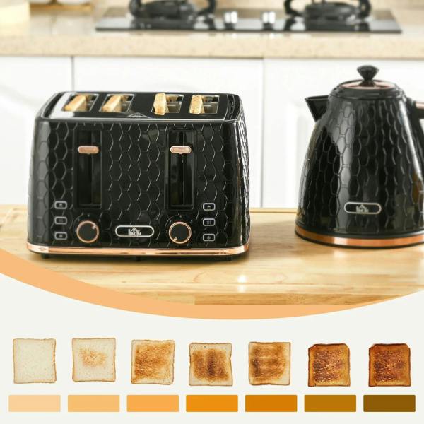Black four-slice toaster and electric kettle with toasted bread browning samples