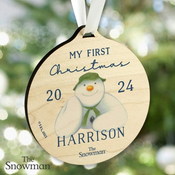 Personalised Memento Company Personalised The Snowman My First Christmas Round Wooden Decoration