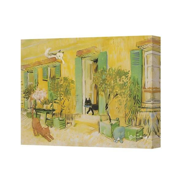 Benjamin Tate Design Whimsical Yellow Cat Courtyard Canvas Wall Art Painting