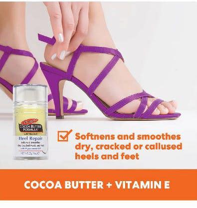 Palmers Cocoa Butter Heel Repair formulated to soften and smooth dry, cracked or callused heels and feet. It contains pure Cocoa Butter, Vitamin E, Shea Butter and Peppermint Oil in a convenient, no-mess stick applicator. The addition of Peppermint Oil revitalizes sore, tired feet.