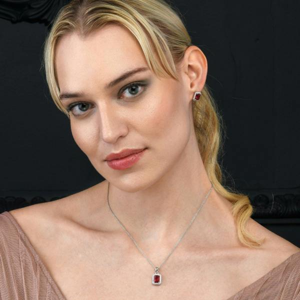 namana 925 Sterling Silver Emerald Cut Red Halo Pendant Necklace For Women