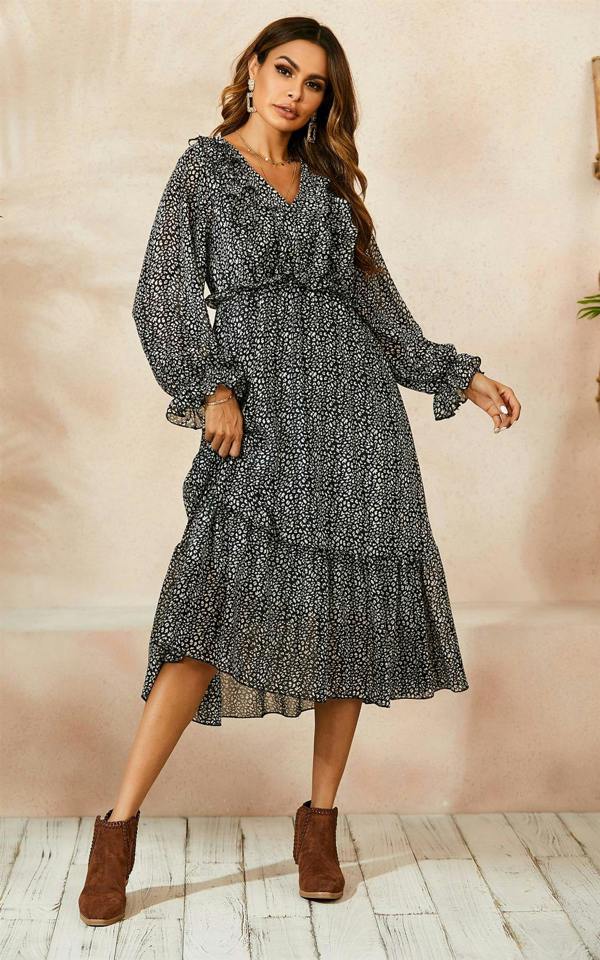 FS Collection Ruffled Chiffon Mini Dress In Black & White Leopard Print