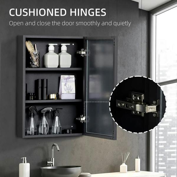 Black bathroom mirror cabinet with open door and concealed hinge hardware