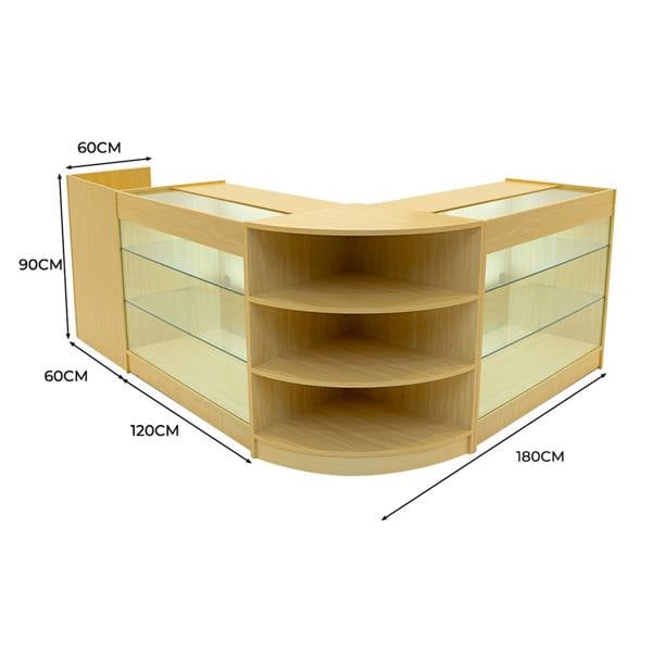 Astro LED Shop Counter Set in maple finish features a modern design with glass display shelves, measuring 180cm wide and 90cm high