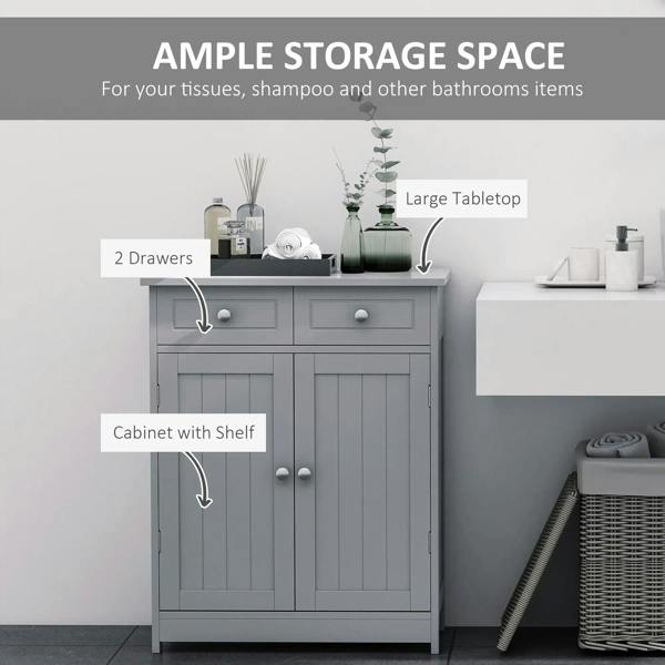 Grey bathroom storage cabinet with two drawers and double-door cupboard, wide tabletop
