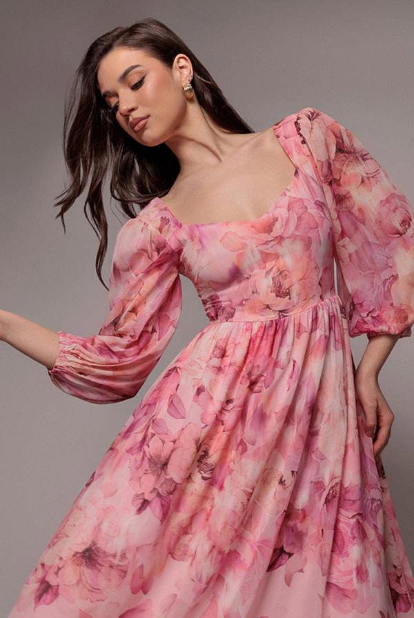 Floral Print Shirred Back A Line Maxi Dress - Blush Pink DR5132