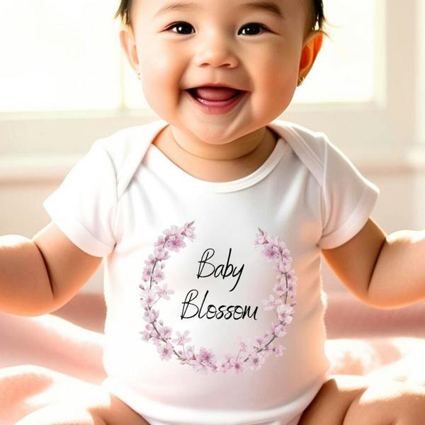 Personalised Pink Blossom Baby Grow, Vest or Bib with Name