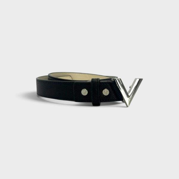Supplied Fashion Mario Valentino Divina black leather belt featuring a silver V logo buckle and embossed texture.