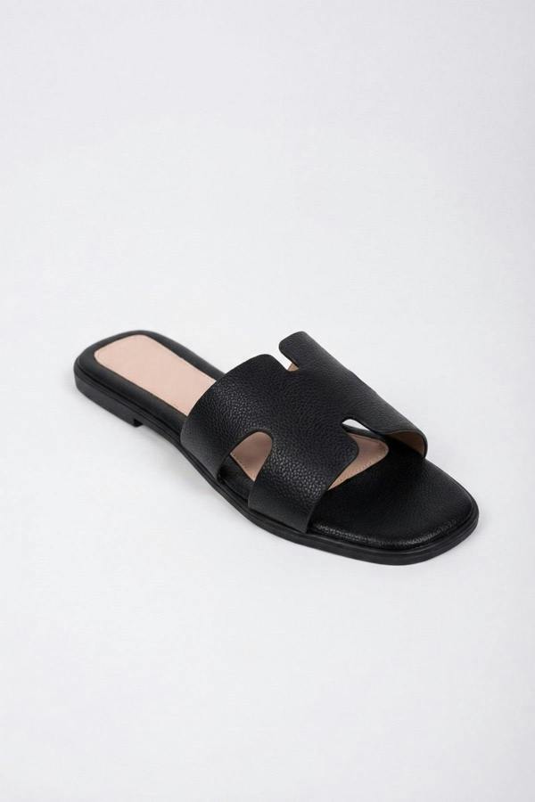 Aria Womens H-Strap Flat Slide Sandals - BLACK