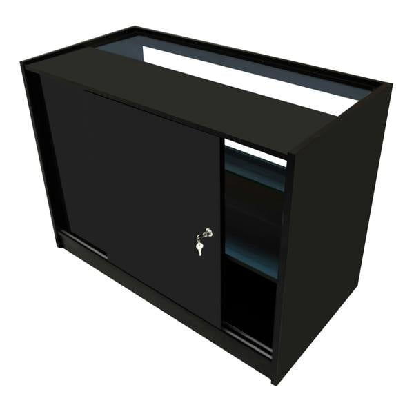 Black Selene LED shop counter set with sliding door, shelves, and sleek design, ideal for retail display and organization