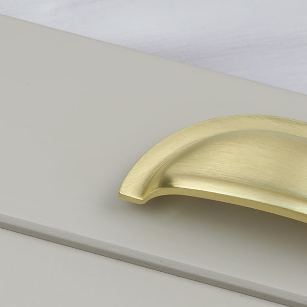 Handle & Home Brushed Brass Coordinating Tapered Handle, Cup Handle, and Coordinating Knob