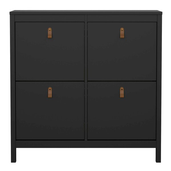 Wyld Haus Wildberry Matt Black Wooden Shoe Cabinet 4 Flip Down Doors Leather Handles
