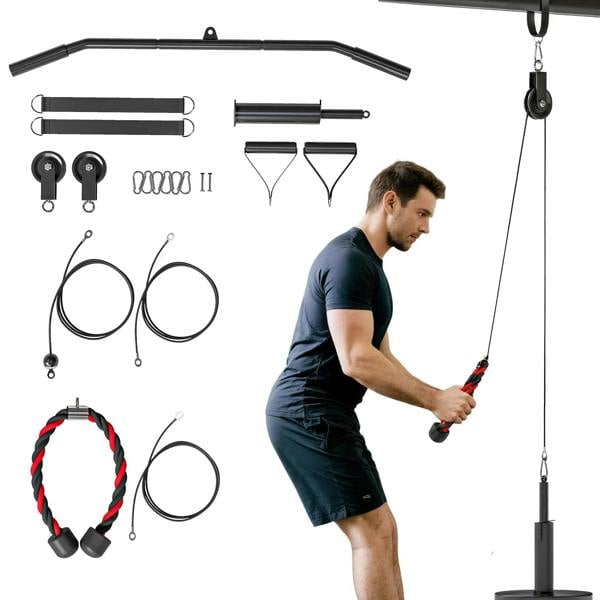 Home gym pulley weight system kit with cable ropes, handles, and red grips
