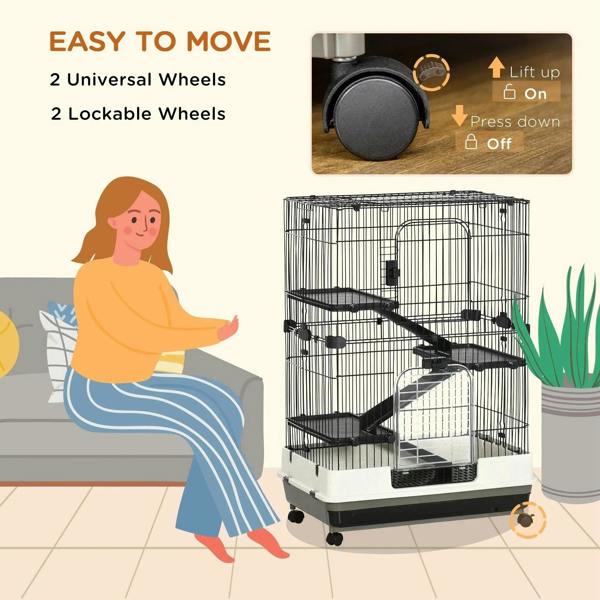 Four-tier small animal cage with black wire walls, ramps, and lockable wheeled base