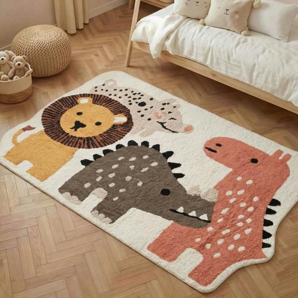 Children's rug with lion, dinosaur, and giraffe designs on a wooden floor.