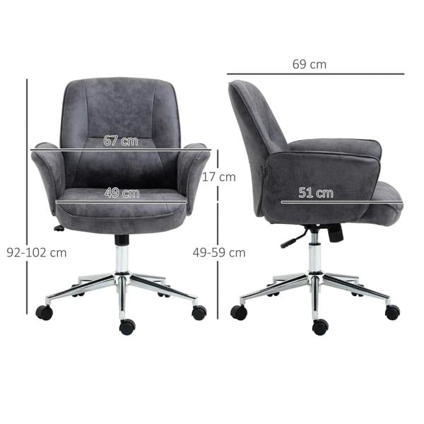 Charcoal grey mid-back swivel office chair shown front and side with padded armrests