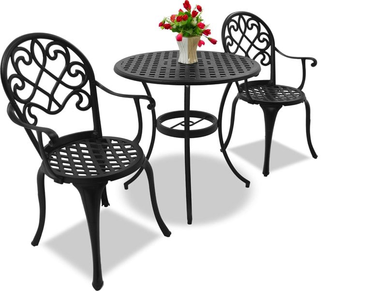 Centurion Supports PREGO Garden and Patio Table and 2 Large Chairs with Armrests Cast Aluminium Bistro Set - Black