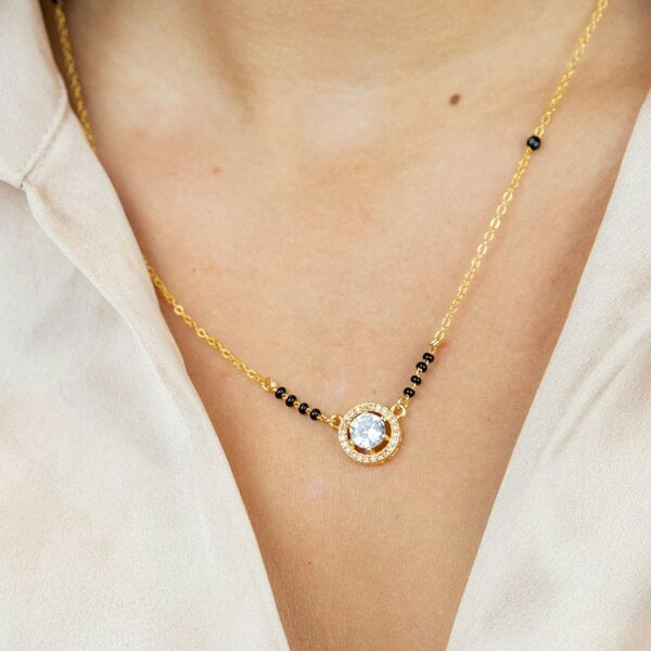 The Colourful Aura Round Black Beaded Zircon 18ct Gold Plated Asian Mangalsutra Pendant Necklace