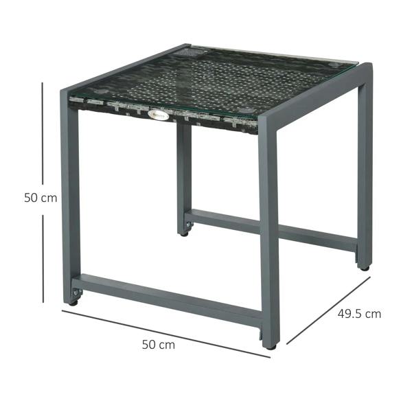 Grey square rattan side table with dark glass top, four legs and level dimensions