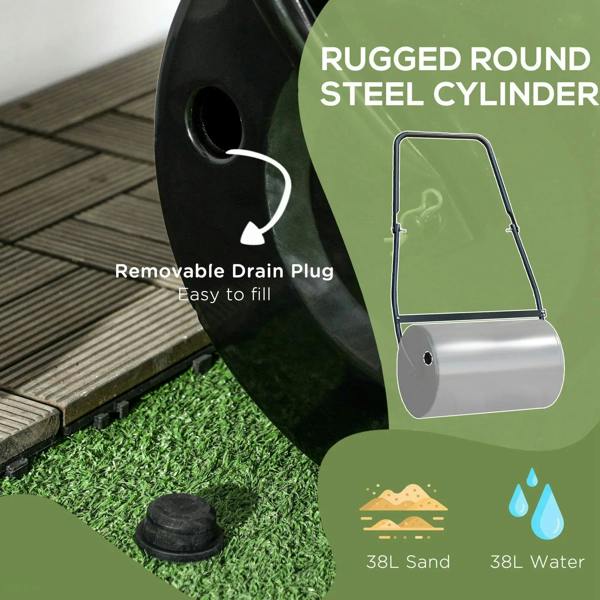 Black round steel cylinder lawn roller with removable drain plug area and handle frame