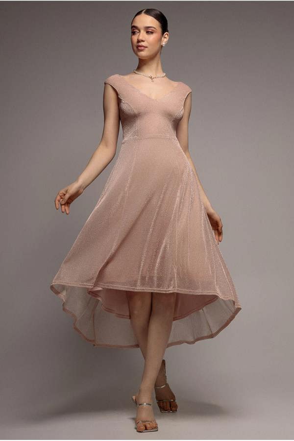 Off The Shoulder Lurex High Low Dress - Nude DR3642