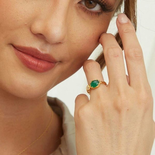 253R710301925 Irregular Oval Dyed Green Chalcedony & Topaz Ring In 18ct Gold Plated SterlIng Silver On Model