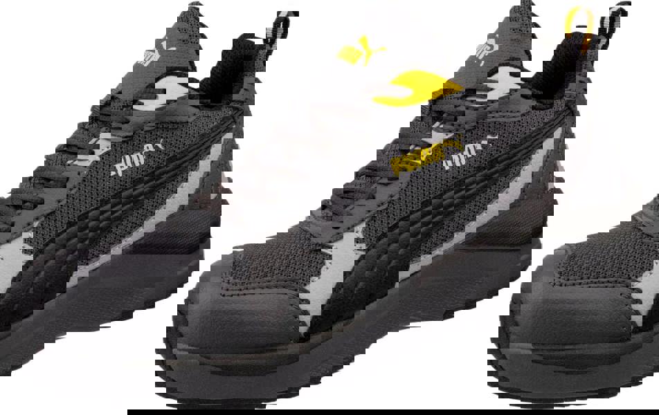 PUMA Safety PUMA Shift S1P Mens Composite Toe Midsole Work Shoes Trainers, black and gray athletic work shoes with yellow accents and durable construction.